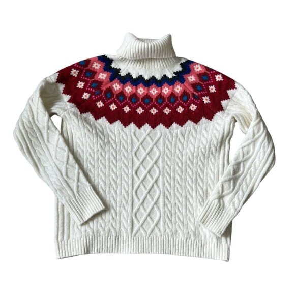 Loft Womens Fair Isle Cable Knit Sweater M White Red Warm Cozy WInter - Picture 7 of 7